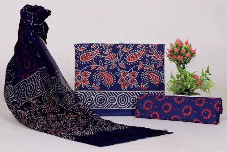 Designer Hand Block Print Cotton Suit Set with Chiffon Dupatta