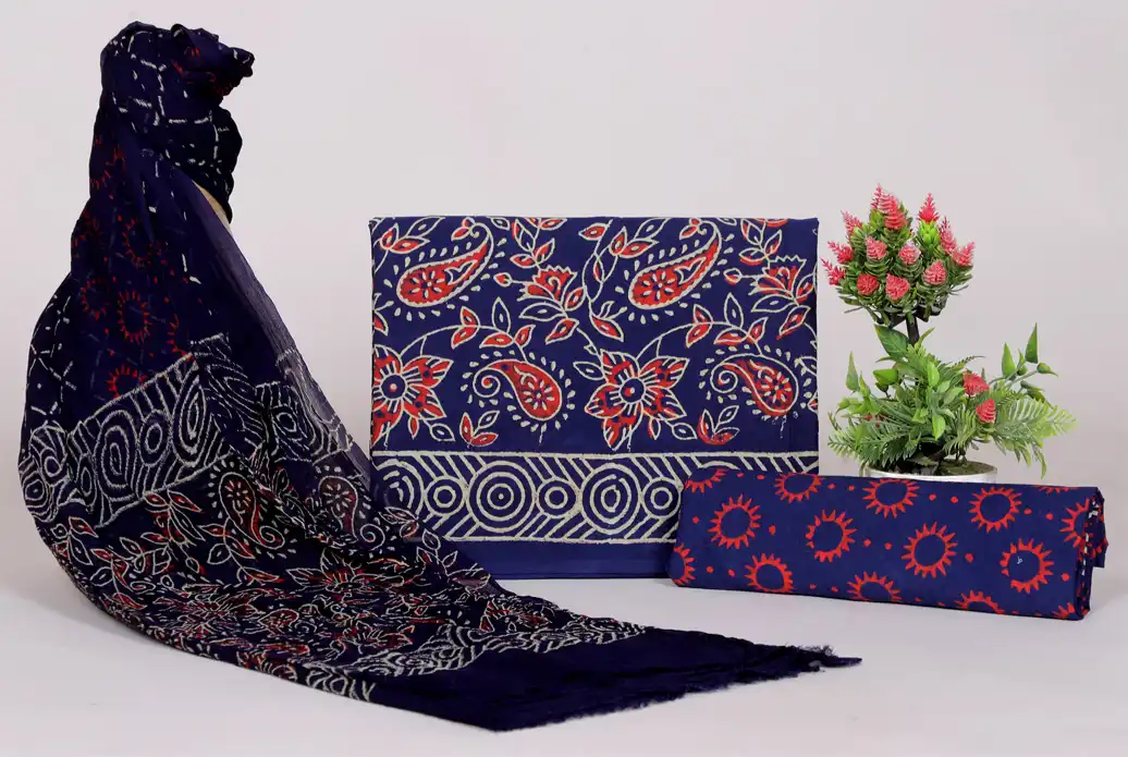 Designer Hand Block Print Cotton Suit Set with Chiffon Dupatta