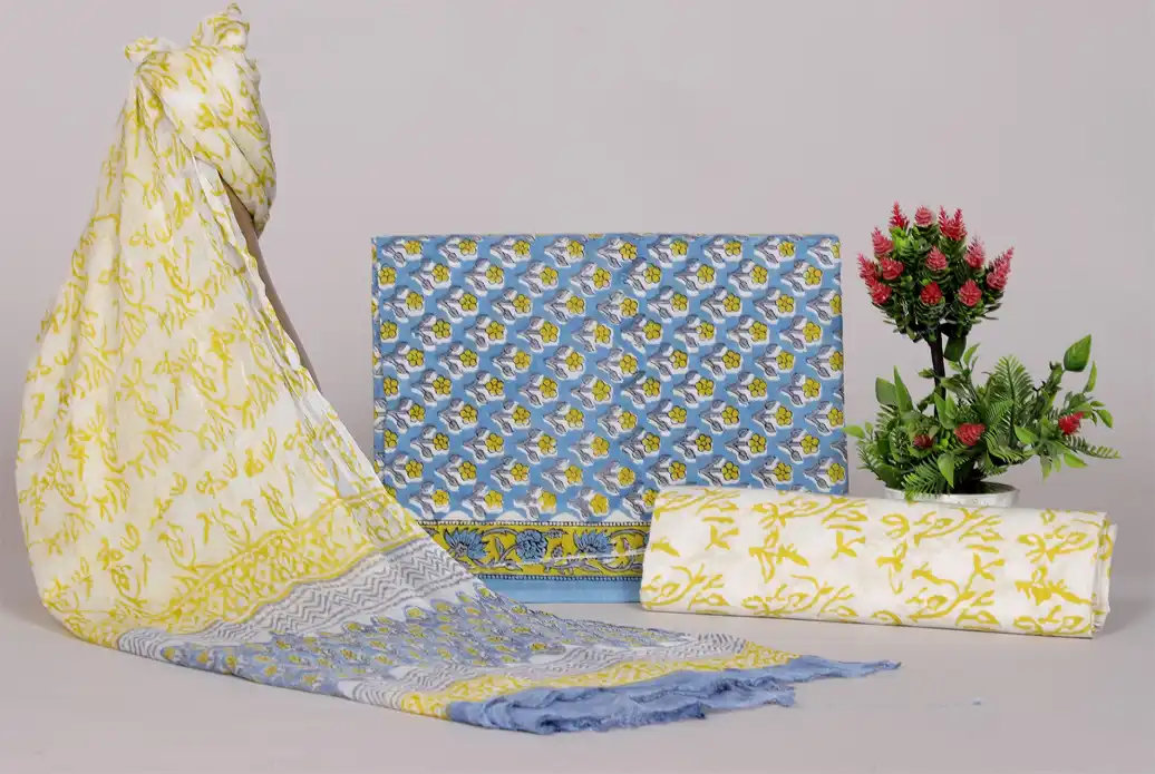 Designer Hand Block Print Cotton Suit Set with Chiffon Dupatta