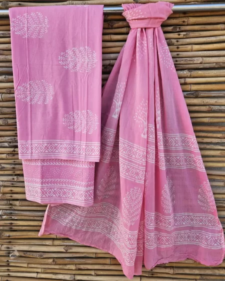 Handblock Printed Unstitched Pink Cotton Suits With Cotton Dupptta