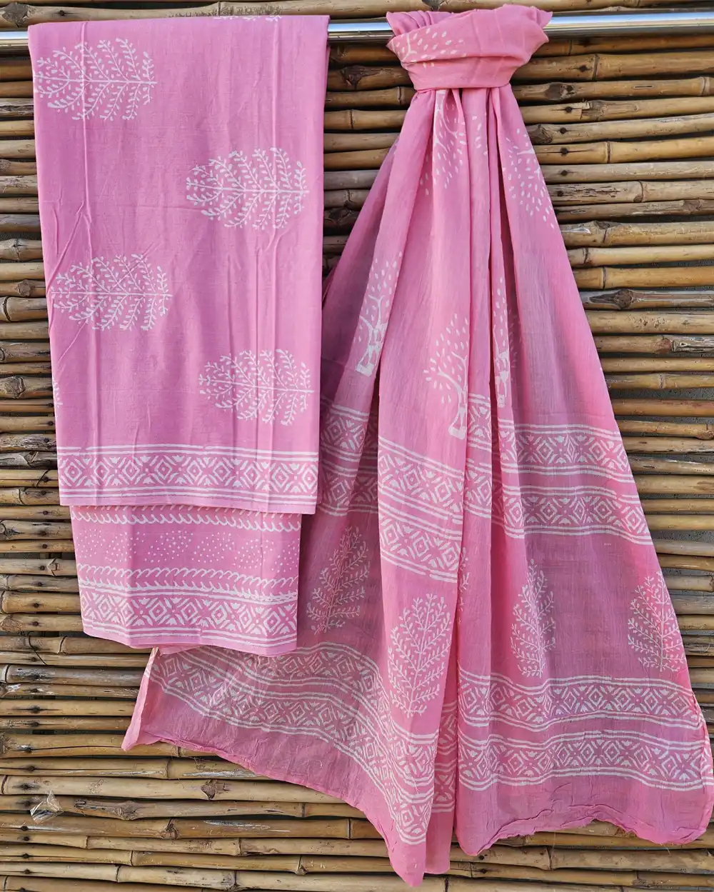 Handblock Printed Unstitched Pink Cotton Suits With Cotton Dupptta