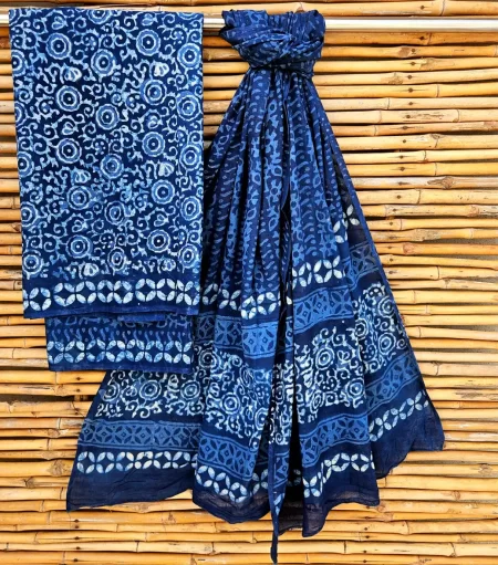 Handblock Printed Unstitched Blue Cotton Suits With Cotton Dupptta