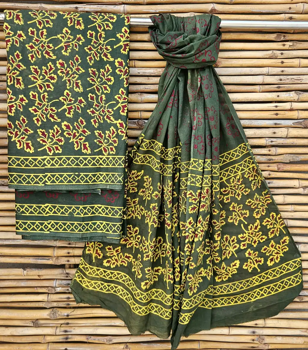 Handblock Printed Unstitched Green Cotton Suits With Cotton Dupptta