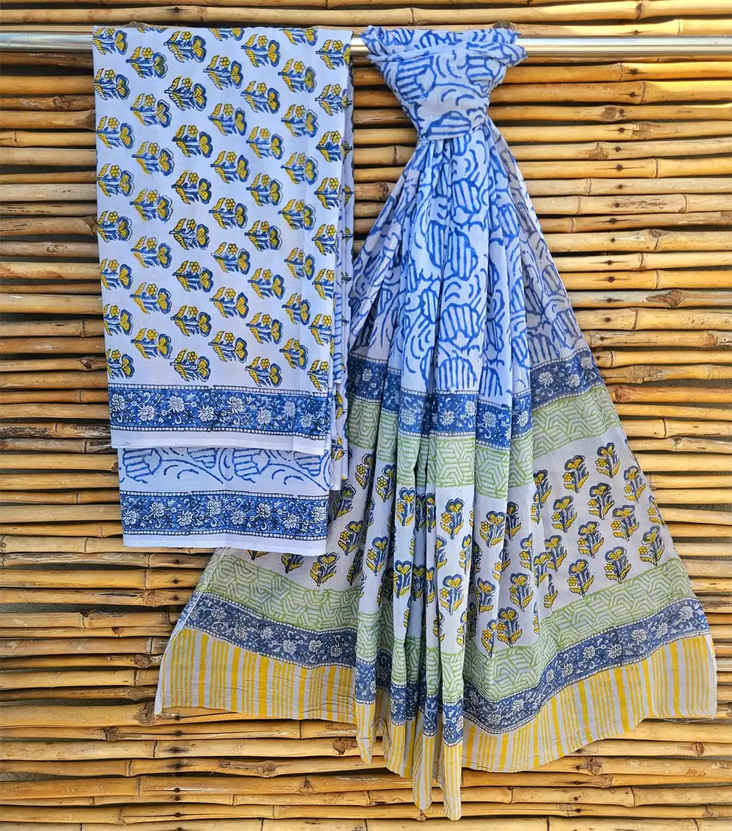 Handblock Printed Unstitched Cotton Suits With Cotton Dupptta
