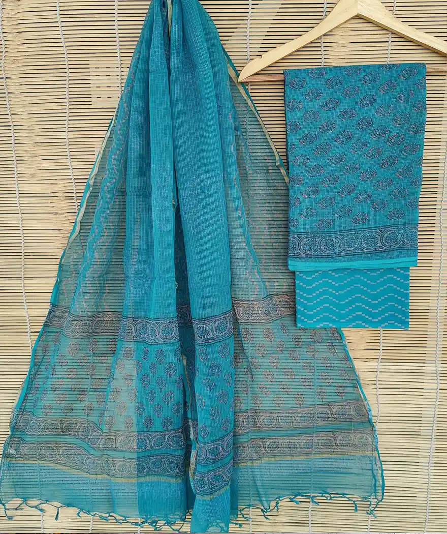 Pure Cotton Hand Block Printed Kota Doria Unstitched Salwar Suit
