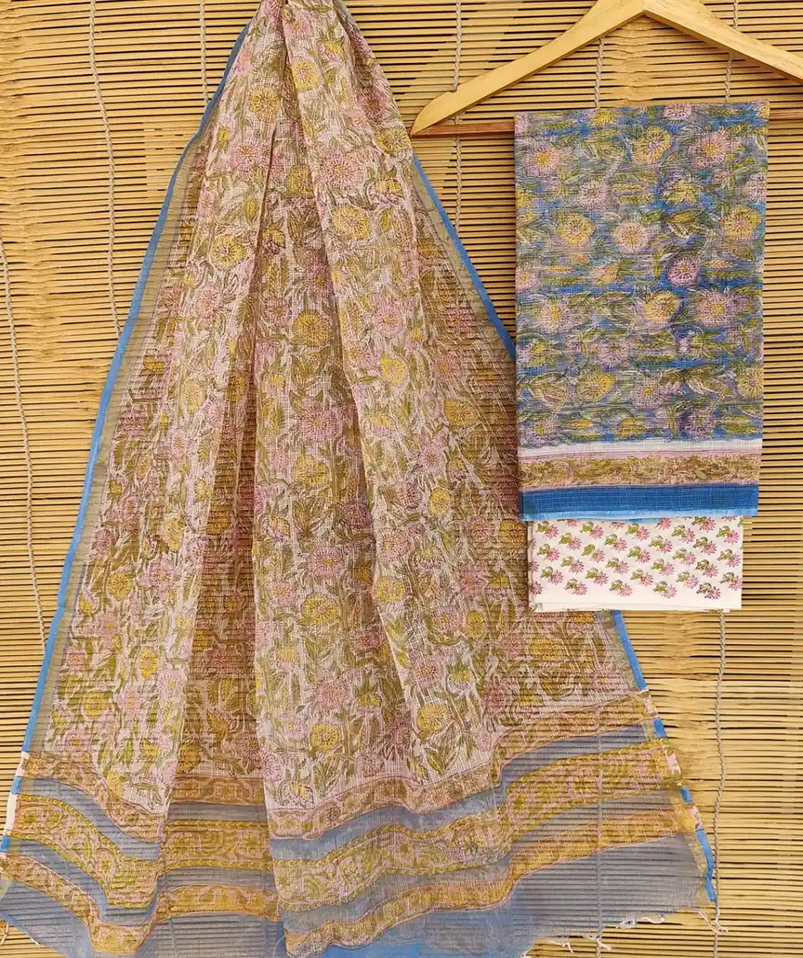 Pure Cotton Hand Block Printed Kota Doria Unstitched Salwar Suit
