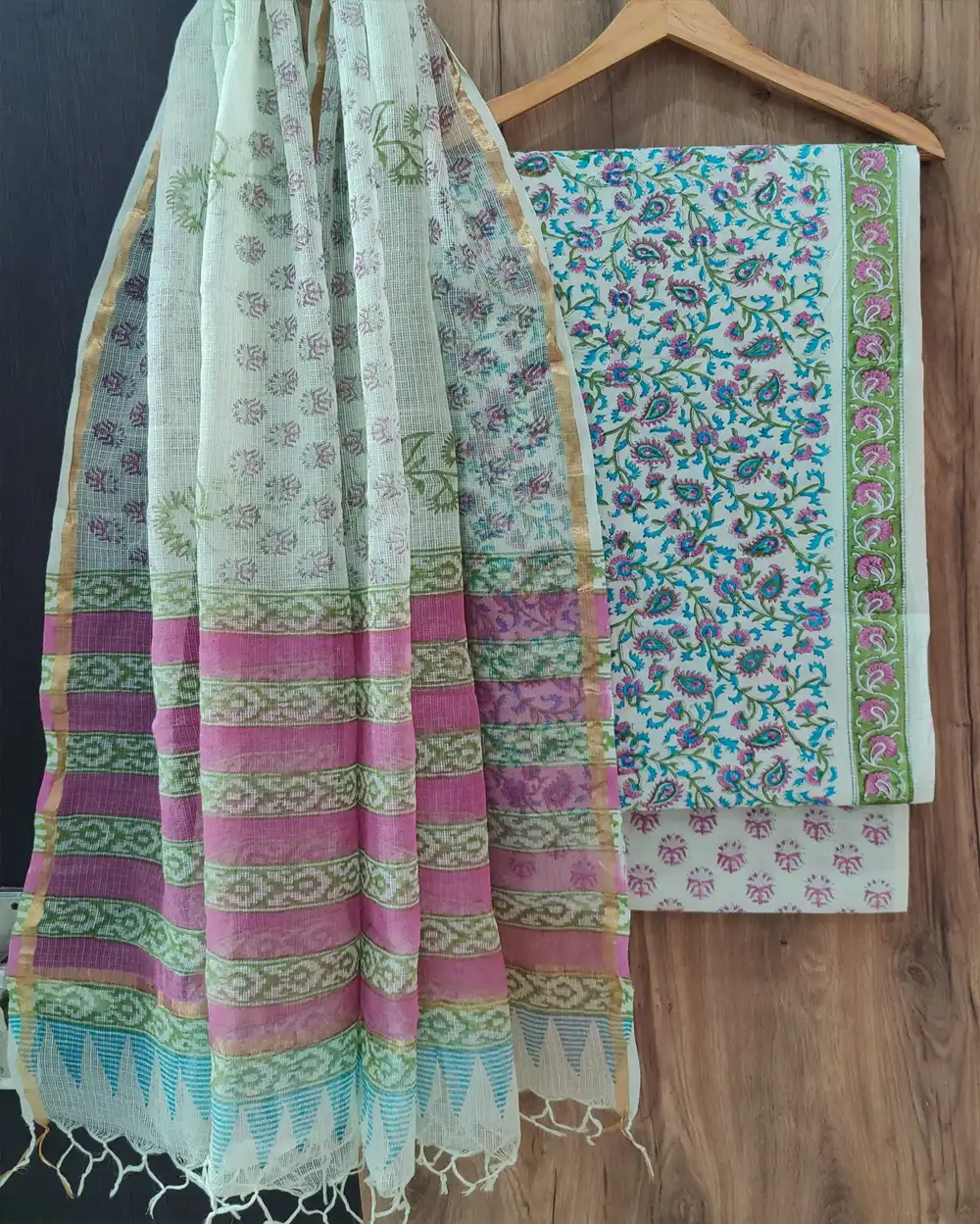Designer Hand Block Print Pure Cotton Suit Material With Kota Doria Dupatta