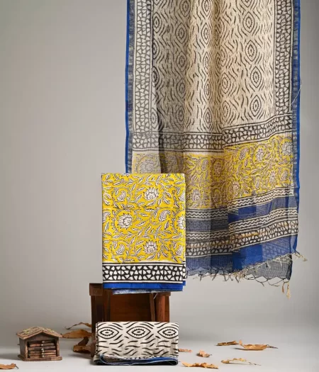 Designer Hand Block Print Pure Cotton Suit Material With Kota Doria Dupatta