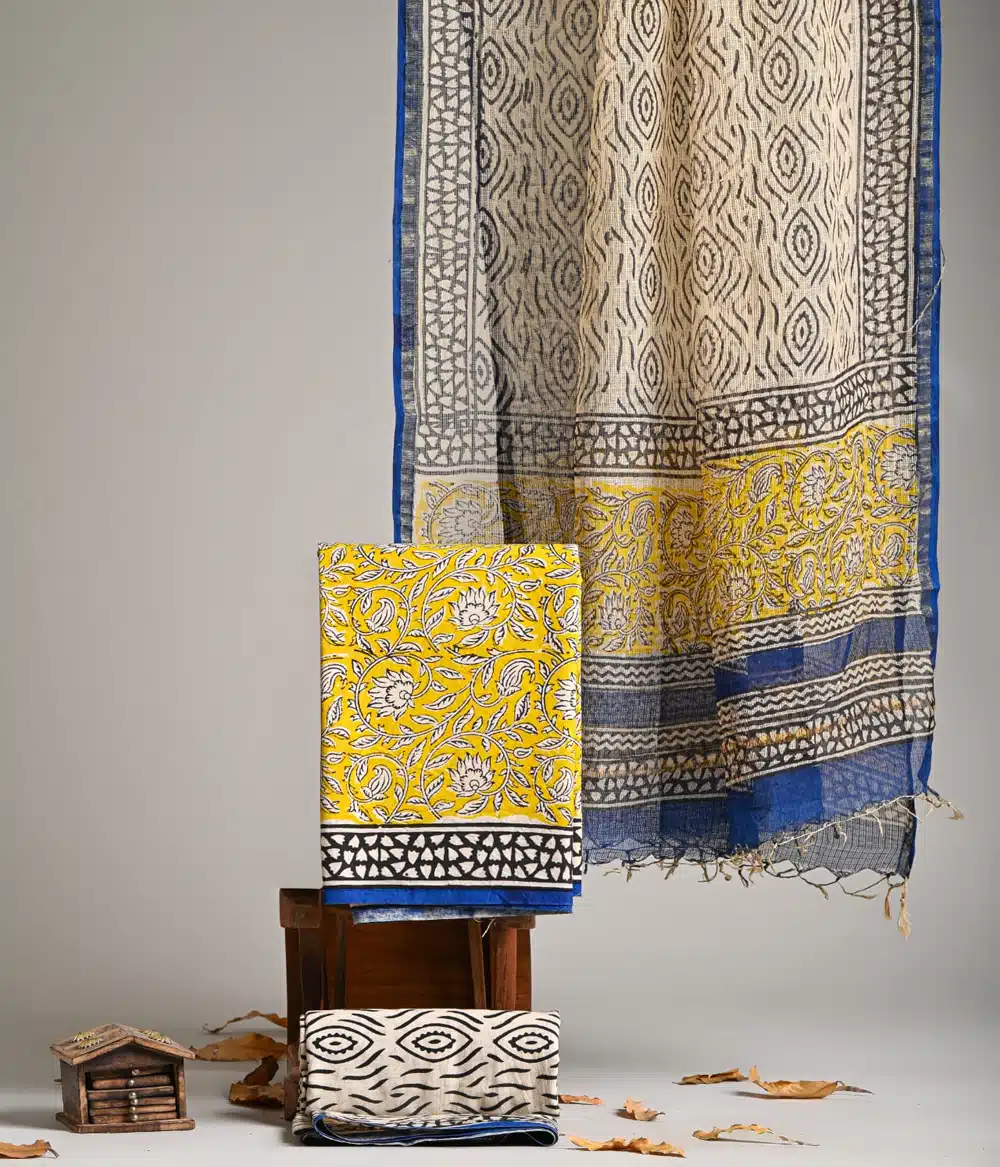 Designer Hand Block Print Pure Cotton Suit Material With Kota Doria Dupatta