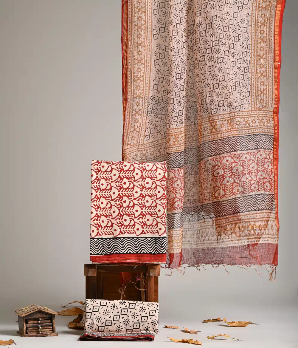DESIGNER HAND BLOCK PRINT PURE COTTON SUIT MATERIAL WITH KOTA DORIA DUPATTA