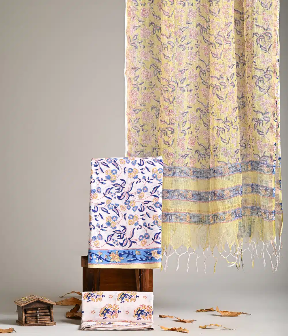 Designer Hand Block Print Pure Cotton Suit Material With Kota Doria Dupatta