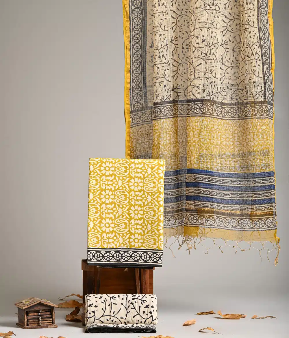 Designer Hand Block Print Pure Cotton Suit Material With Kota Doria Dupatta