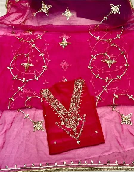 Pure Crepe Silk Top With Organza Dupatta And Santoon Bottom