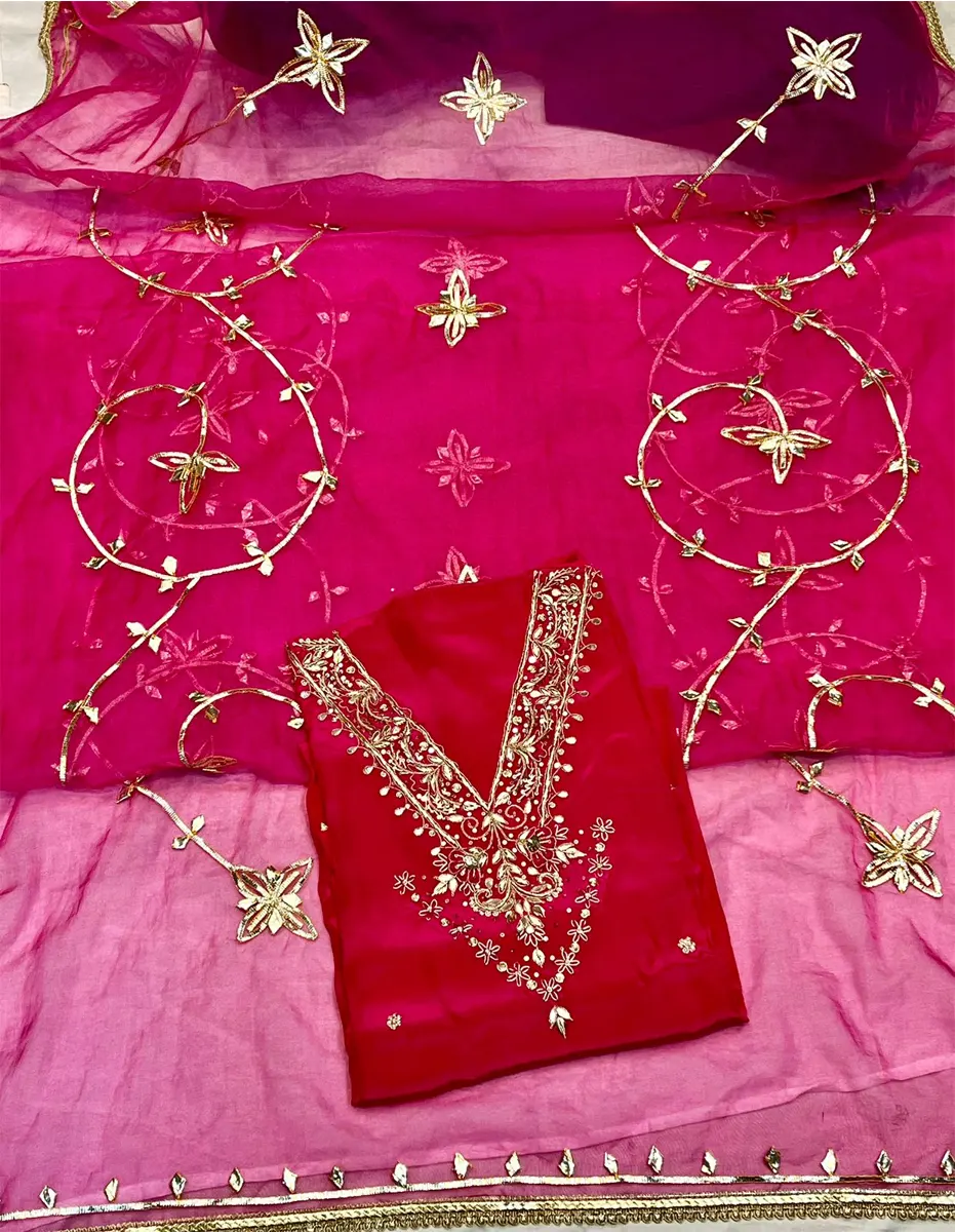 Pure Crepe Silk Top With Organza Dupatta And Santoon Bottom