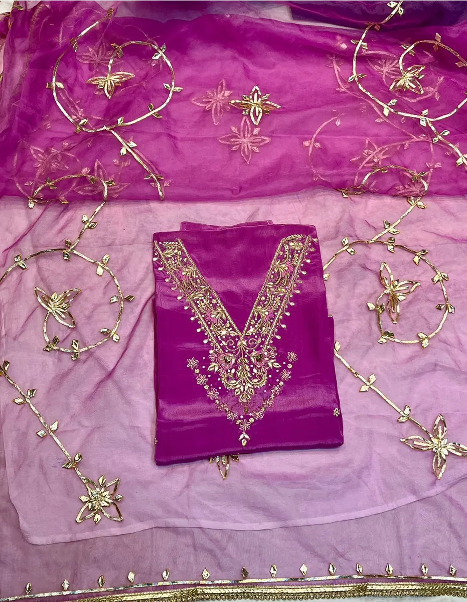 Pure Crepe Silk Top With Organza Dupatta And Santoon Bottom
