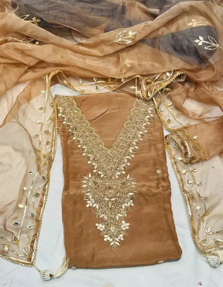 Pure Crepe Silk Top With Organza Dupatta And Santoon Bottom