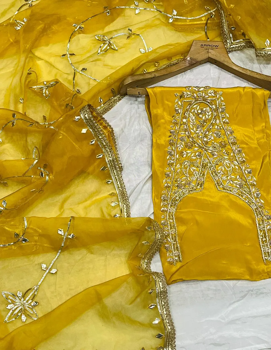 Pure Crepe Silk Top With Organza Dupatta And Santoon Bottom