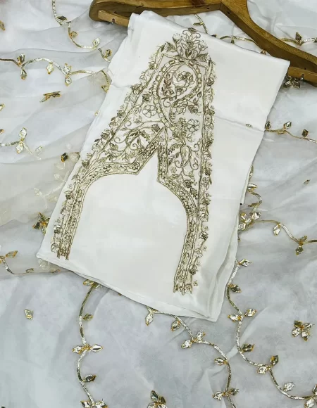 Pure Crepe Silk Top with Organza Dupatta and Santoon Bottom