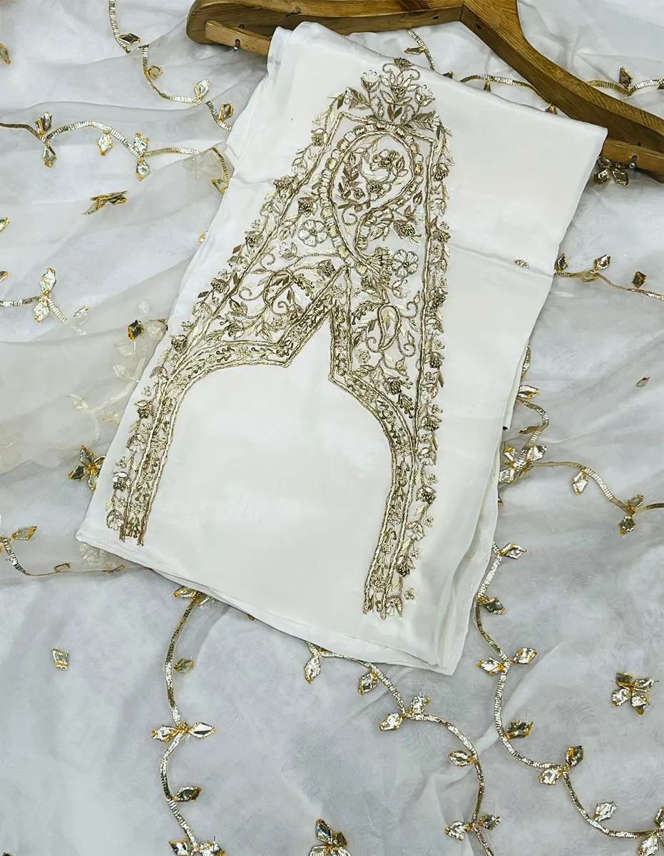 Pure Crepe Silk Top with Organza Dupatta and Santoon Bottom
